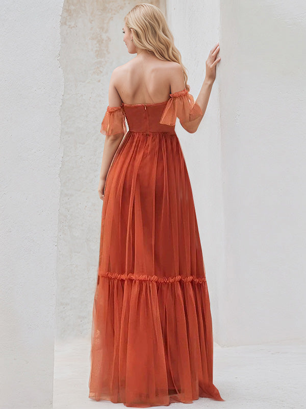 Burnt Orange Tulle A Line Sweetheart Short Sleeves Floor Length Bridesmaid Dress