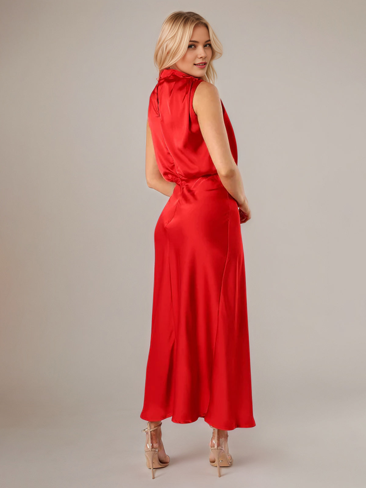 Red Satin Sheath/Column High Neck Sleeveless Ankle Length Bridesmaid Dress