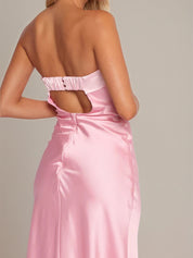 Pink Satin Sheath/Column Off The Shoulder Sleeveless Ankle Length Bridesmaid Dress