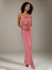 Rose Pink Satin Sheath/Column One Shoulder Ankle Length Bridesmaid Dresses