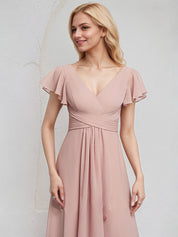 Dusty Rose Chiffon A Line V Neck Ruffle Sleeves Floor Length Bridesmaid Dress