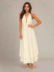 Lemon Chiffon A Line Halter Neck Sleeveless Ankle Length Bridesmaid Dress