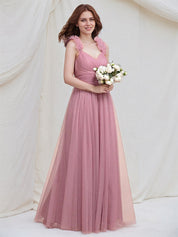 Pink Tulle A Line V Neck Sleeveless Pleated Floor Length Bridesmaid Dress