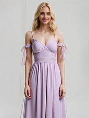 Lilac A Line Chiffon Spaghetti Straps Sleeveless Floor Length Dress With Bow