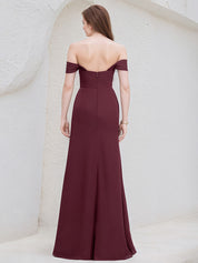Cabernet Chiffon A Line Off the Shoulder Floor Length Bridesmaid Dress With Slit