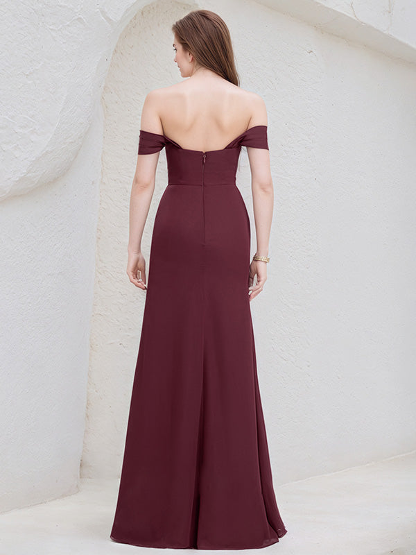 Cabernet Chiffon A Line Off the Shoulder Floor Length Bridesmaid Dress With Slit