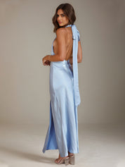 Blue Satin Sheath/Column Halter Neck Ankle Length Bridesmaid Dresses