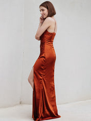 Rust Sheath/Column Satin Spaghetti Straps Sleeveless Floor Length Dress