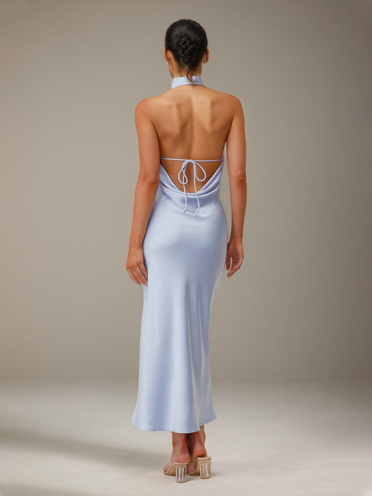 Blue Satin Sheath/Column High Neck Ankle Length Bridesmaid Dresses