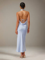 Blue Satin Sheath/Column High Neck Ankle Length Bridesmaid Dresses
