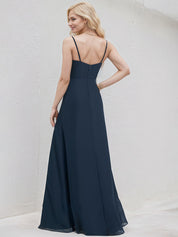 Dark Navy Chiffon A Line Spaghetti Straps Sleeveless Floor Length Bridesmaid Dress