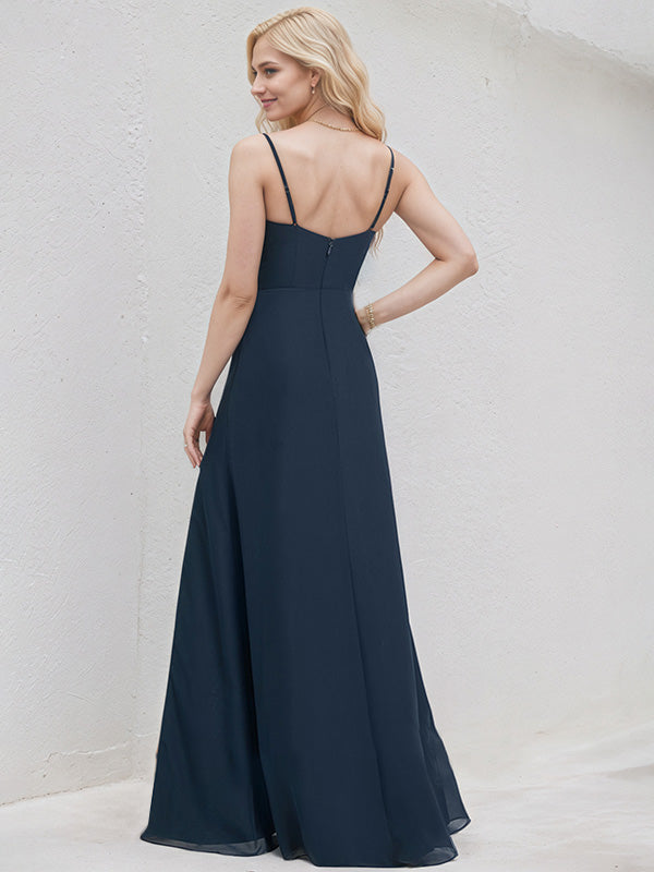 Dark Navy Chiffon A Line Spaghetti Straps Sleeveless Floor Length Bridesmaid Dress