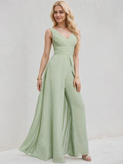 Celadon Chiffon Jumpsuit/Pantsuit V Neck Sleeveless Floor Length Bridesmaid Dress