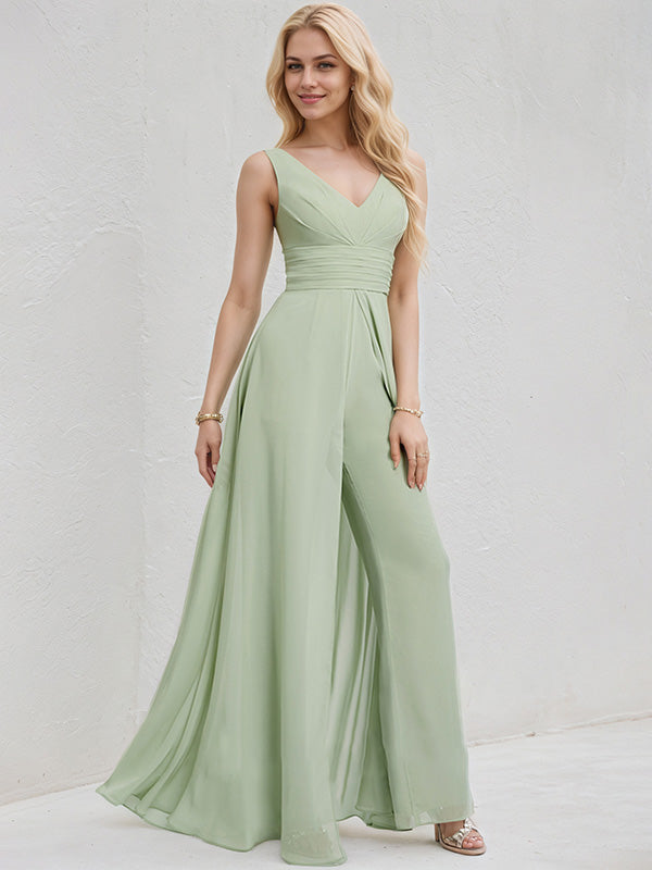 Celadon Chiffon Jumpsuit/Pantsuit V Neck Sleeveless Floor Length Bridesmaid Dress
