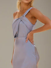 Steel Blue Satin Sheath/Column One Shoulder Ankle Length Bridesmaid Dresses