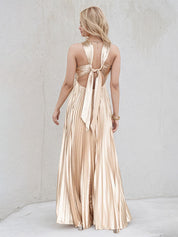 Champagne A Line Satin Cross Neck Sleeveless Floor Length Dress