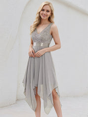 Silver Chiffon A Line V Neck Sleeveless Asymmetrical Bridesmaid Dress With Appliques