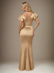 Champagne Trumpet/Mermaid Satin V Neck Short Sleeves Floor Length Dress With Slit