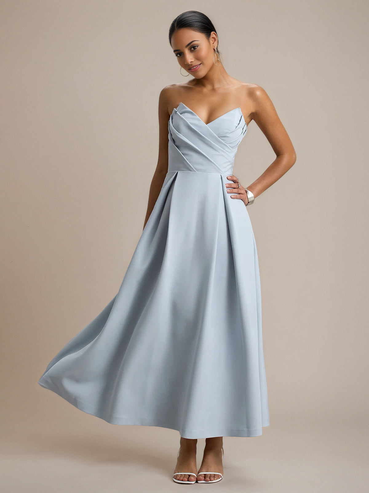 Powder Blue A Line Stretch Crepe Sweetheart Ankle Length Dress