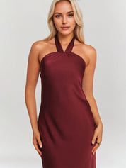 Plum Satin Sheath/Column Halter Neck Sleeveless Ankle Length Bridesmaid Dresses