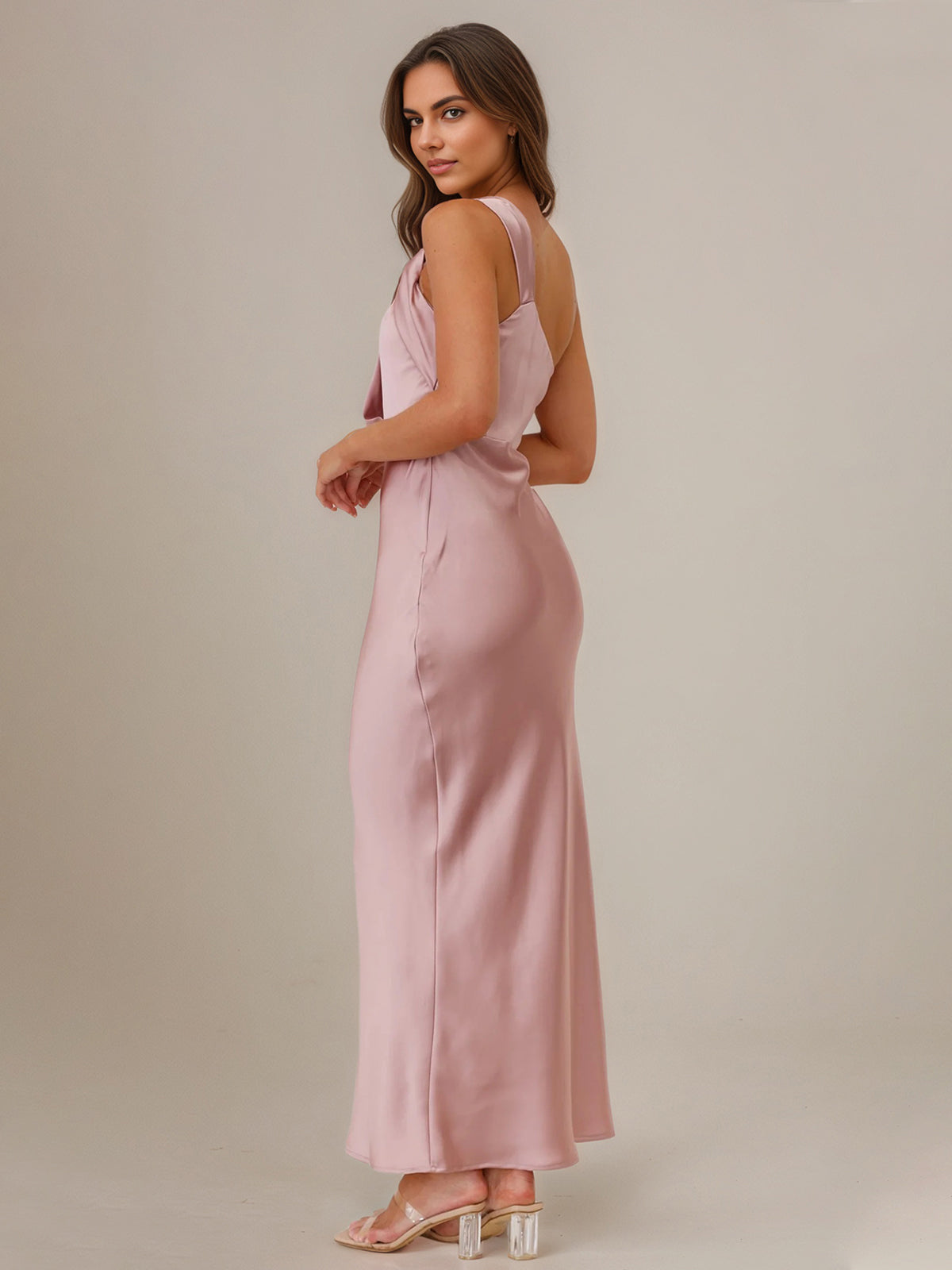 Dusty Rose Satin Sheath/Column One Shoulder Sleeveless Ankle Length Bridesmaid Dress