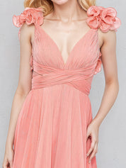 Coral Chiffon A Line V Neck Sleeveless Ruched Asymmetrical Bridesmaid Dress With Ruffle Sleeve