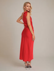 Red Satin Sheath/Column One Shoulder Sleeveless Ankle Length Bridesmaid Dress