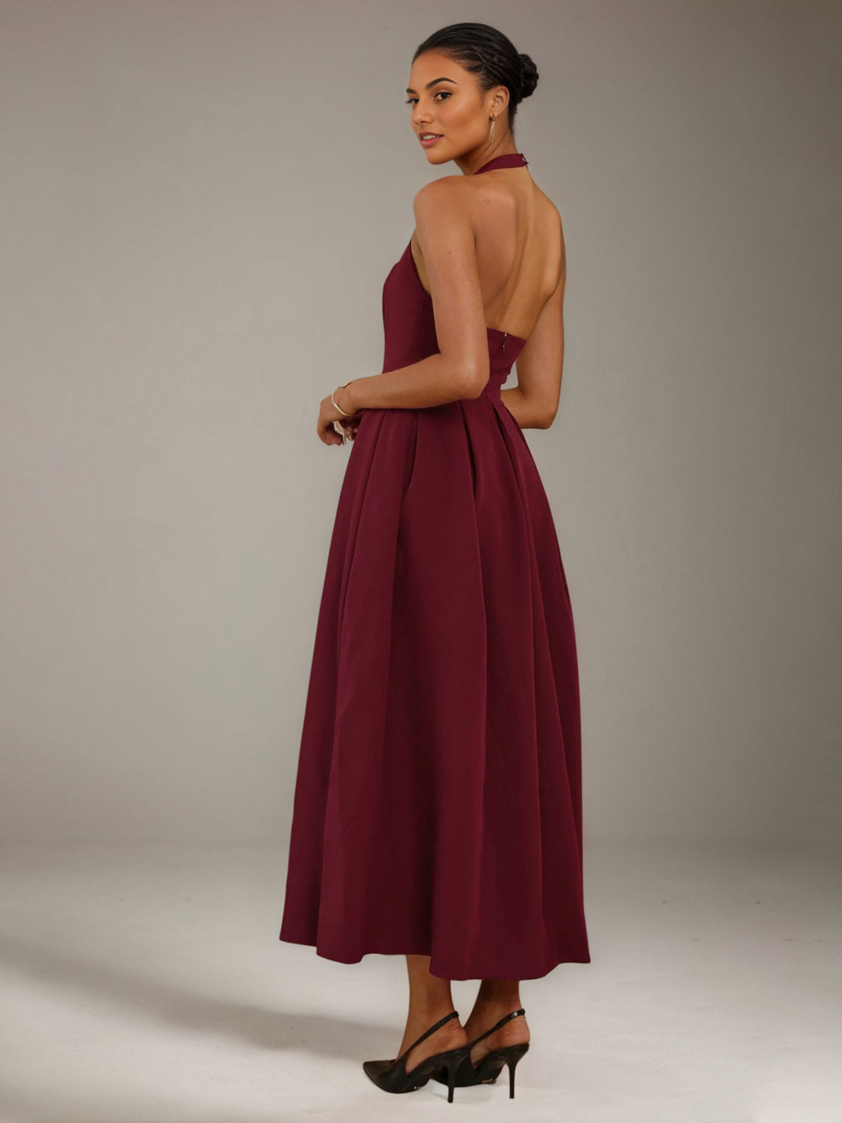 Wine Stretch Crepe A Line Halter Neck Sleeveless Ankle Length Bridesmaid Dresses
