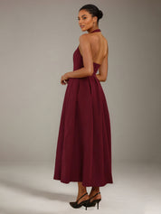 Wine Stretch Crepe A Line Halter Neck Sleeveless Ankle Length Bridesmaid Dresses