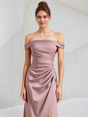 A Line Mauve Satin Off the Shoulder Sleeveless Floor Length Dress With Slit
