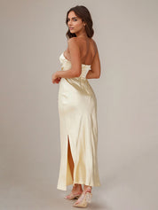 Yellow Satin Sheath/Column V Neck Ankle Length Bridesmaid Dresses