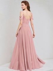 Blush Chiffon A Line Spaghetti Straps Cold Shoulder Floor Length Bridesmaid Dress