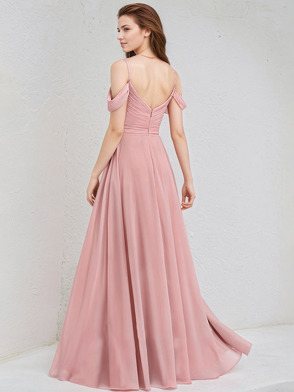 Blush Chiffon A Line Spaghetti Straps Cold Shoulder Floor Length Bridesmaid Dress