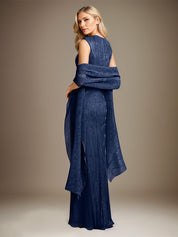 Dark Navy A Line Chiffon V Neck Sleeveless Floor Length Dress With High Slit