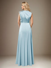 Sky Blue A Line Satin High Neck Sleeveless Floor Length Dress