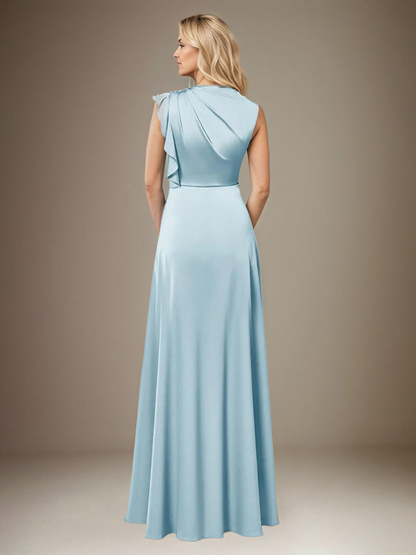 Sky Blue A Line Satin High Neck Sleeveless Floor Length Dress