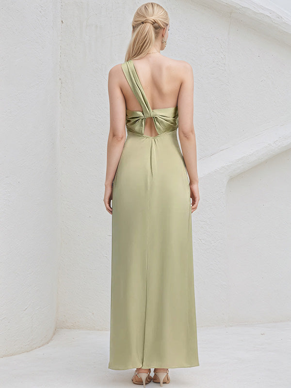 Sage Green Satin Trumpet/Mermaid One Shoulder Sleeveless Floor Length Bridesmaid Dress
