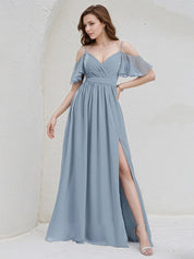 Dusty Blue Chiffon A Line Spaghetti Straps Ruffle Sleeves Floor Length Bridesmaid Dress
