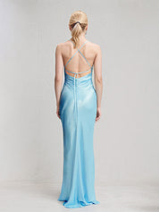 Iceberg Blue Sheath/Column Satin Spaghetti Straps Sleeveless Floor Length Dress
