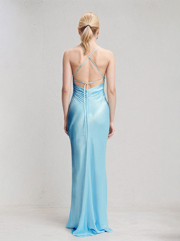 Iceberg Blue Sheath/Column Satin Spaghetti Straps Sleeveless Floor Length Dress