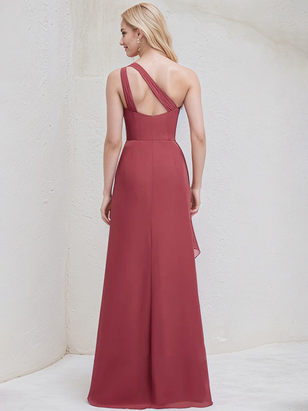 Desert Rose Chiffon A Line One Shoulder Sleeveless Floor Length Bridesmaid Dress