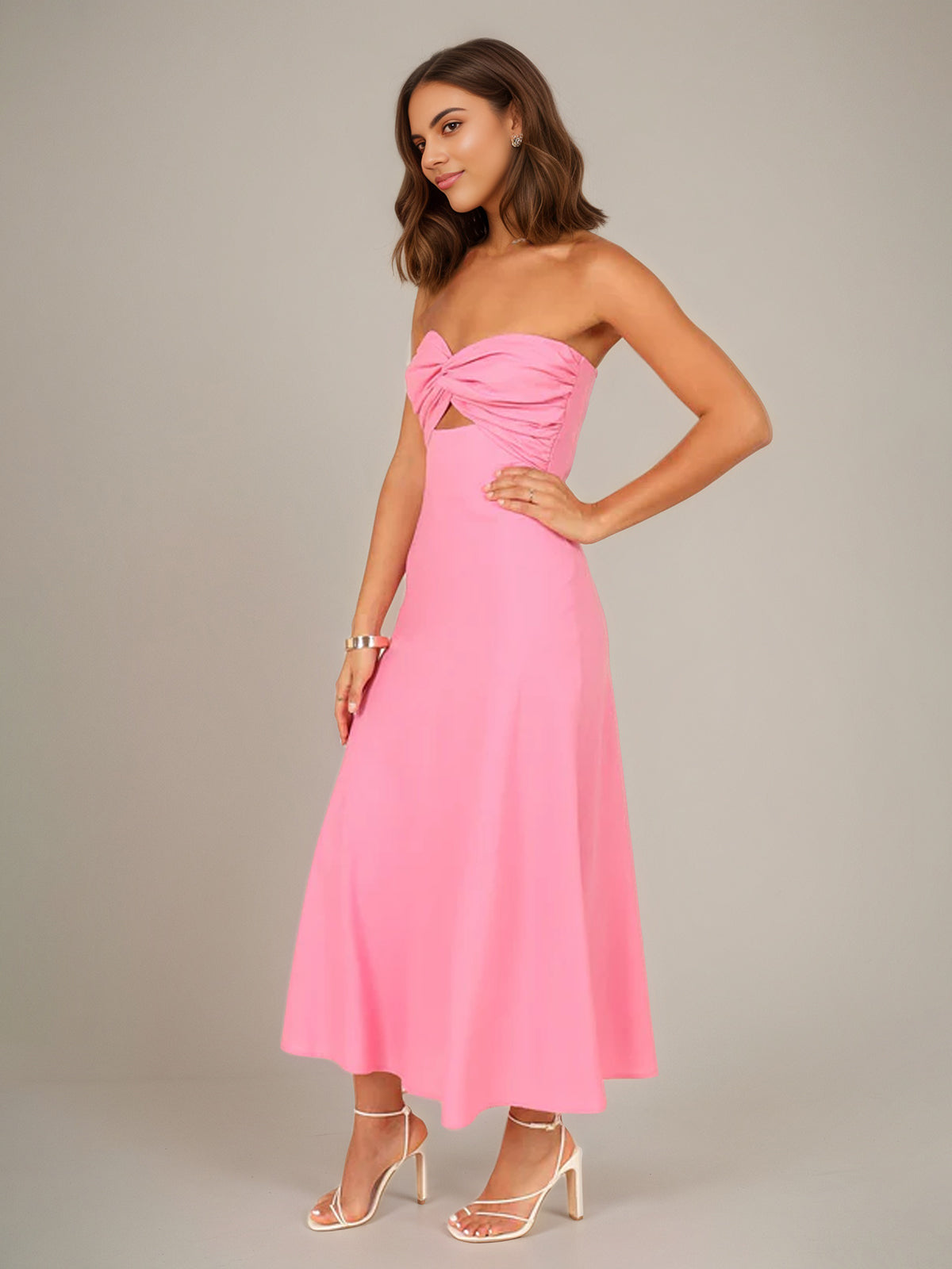 Pink Chiffon A Line Off The Shoulder Sleeveless Ankle Length Bridesmaid Dress