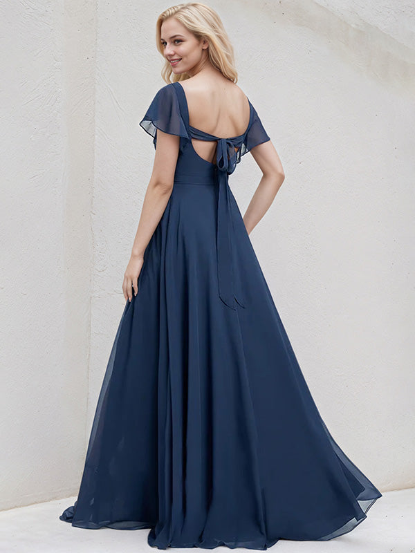 Navy Blue Chiffon A Line V Neck Short Sleeves Floor Length Bridesmaid Dress