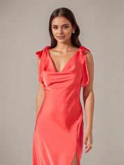 Coral Satin A Line V Neck Sleeveless Ankle Length Dress