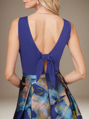 Royal Blue A Line Satin Jewel Neckline Sleeveless Floor Length Floral Dress