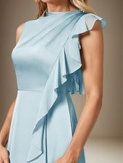Sky Blue A Line Satin High Neck Sleeveless Floor Length Dress