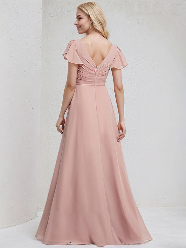 Dusty Rose Chiffon A Line V Neck Ruffle Sleeves Floor Length Bridesmaid Dress