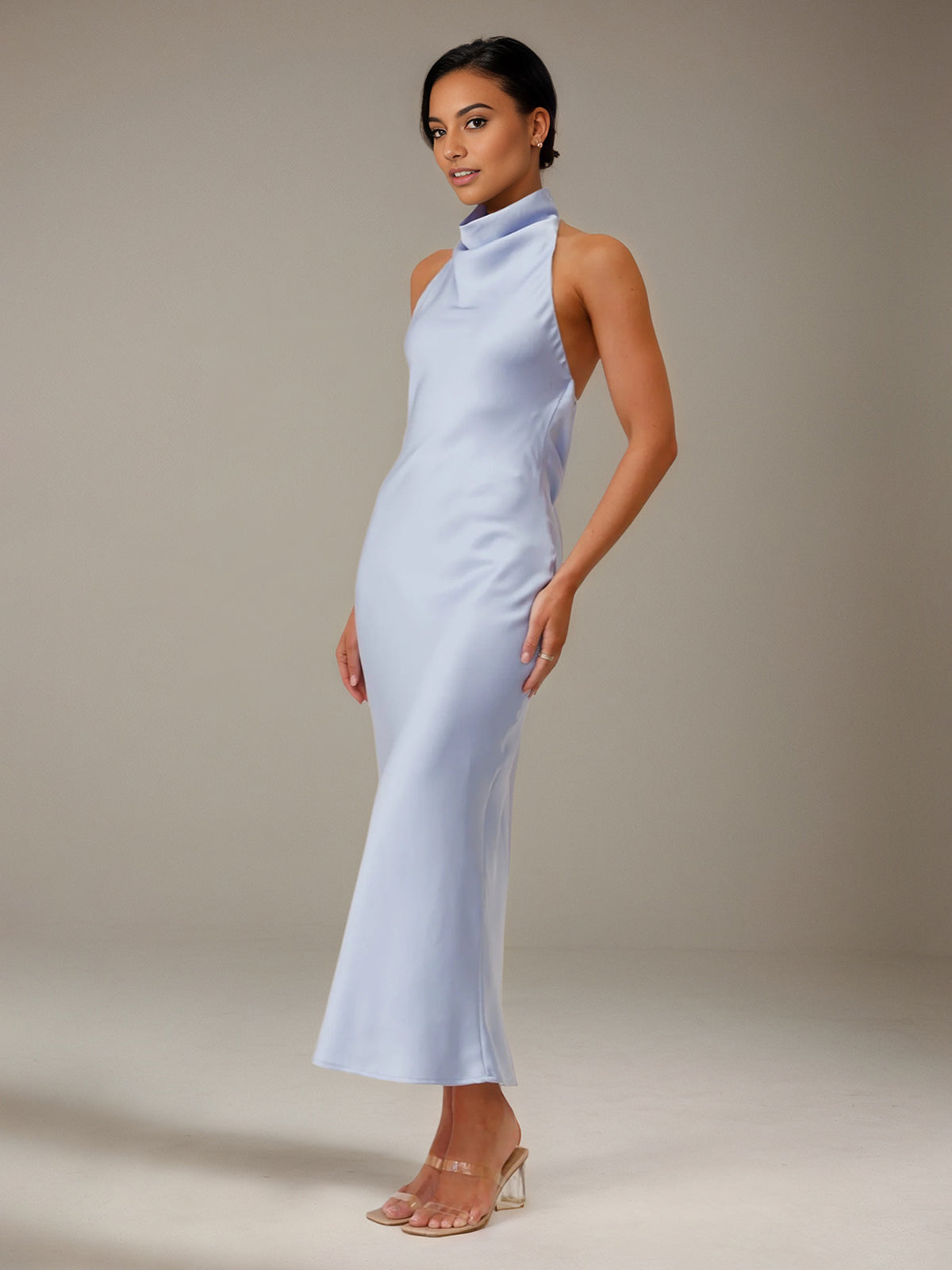 Blue Satin Sheath/Column High Neck Ankle Length Bridesmaid Dresses