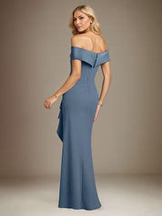 Steel Blue Trumpet/Mermaid Stretch Crepe Off The Shoulder Sleeveless Floor Length Dress