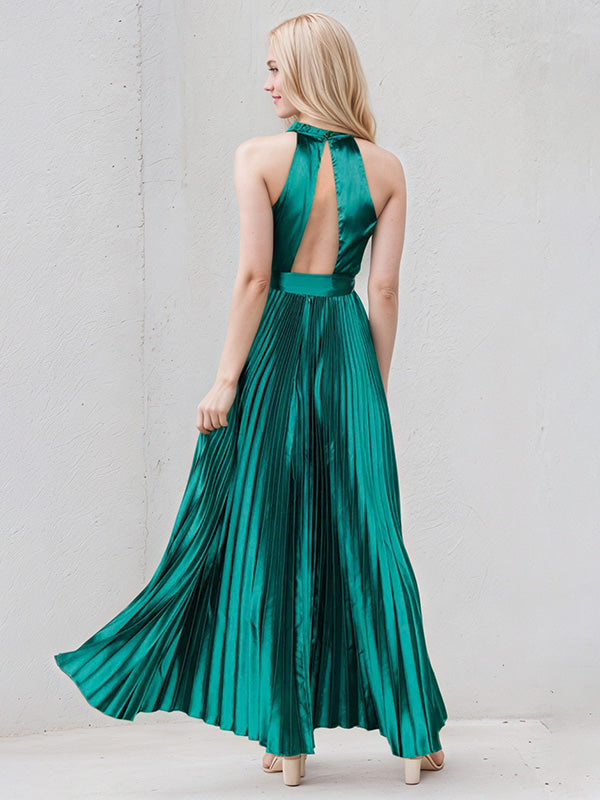 Peacock A Line Satin Halter Neck Sleeveless Floor Length Dress